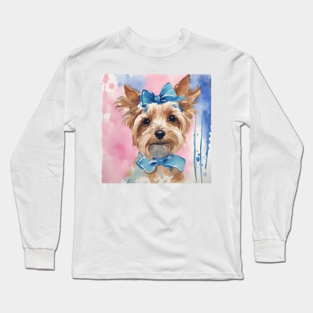 Cute preppy Terrier with blue bows watercolor painting Long Sleeve T-Shirt by SophieClimaArt